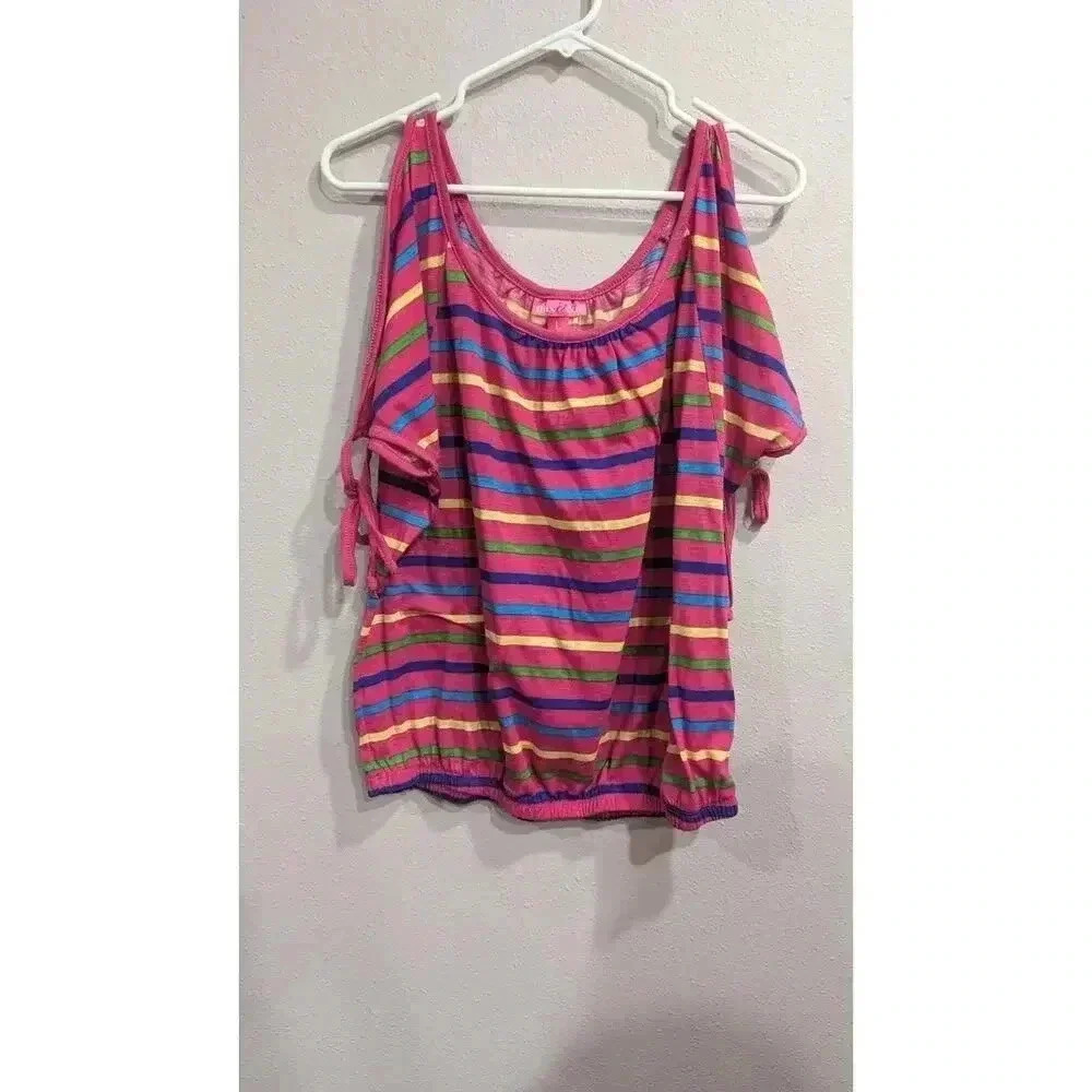Fun striped 80s style top with tie & cold shoulder sleeves by Mix & Co size L